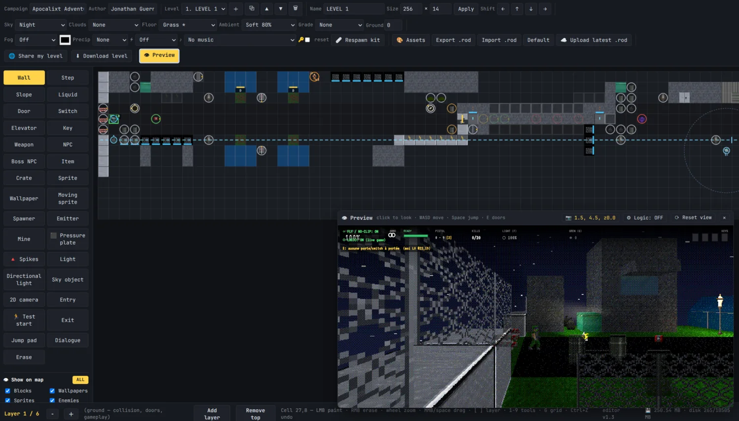 The RAYOFDOOM 2D editor with a live 2.5D preview beside the map