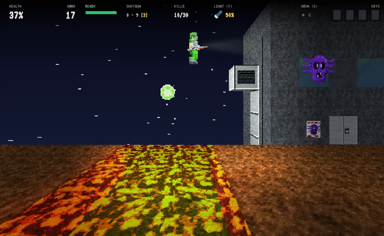 RAYOFDOOM 2D — a soldier fights over a river of lava under a starry sky