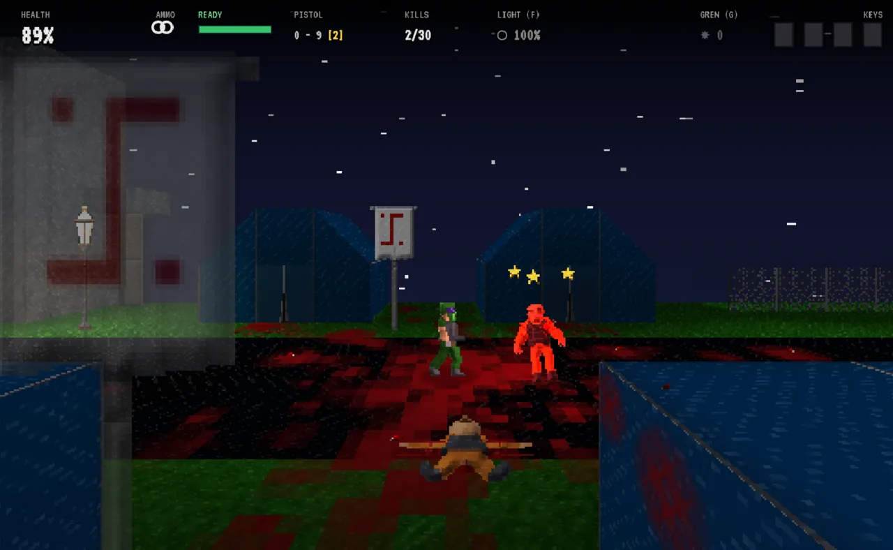 RAYOFDOOM 2D — a rainy night street fight against a red enemy