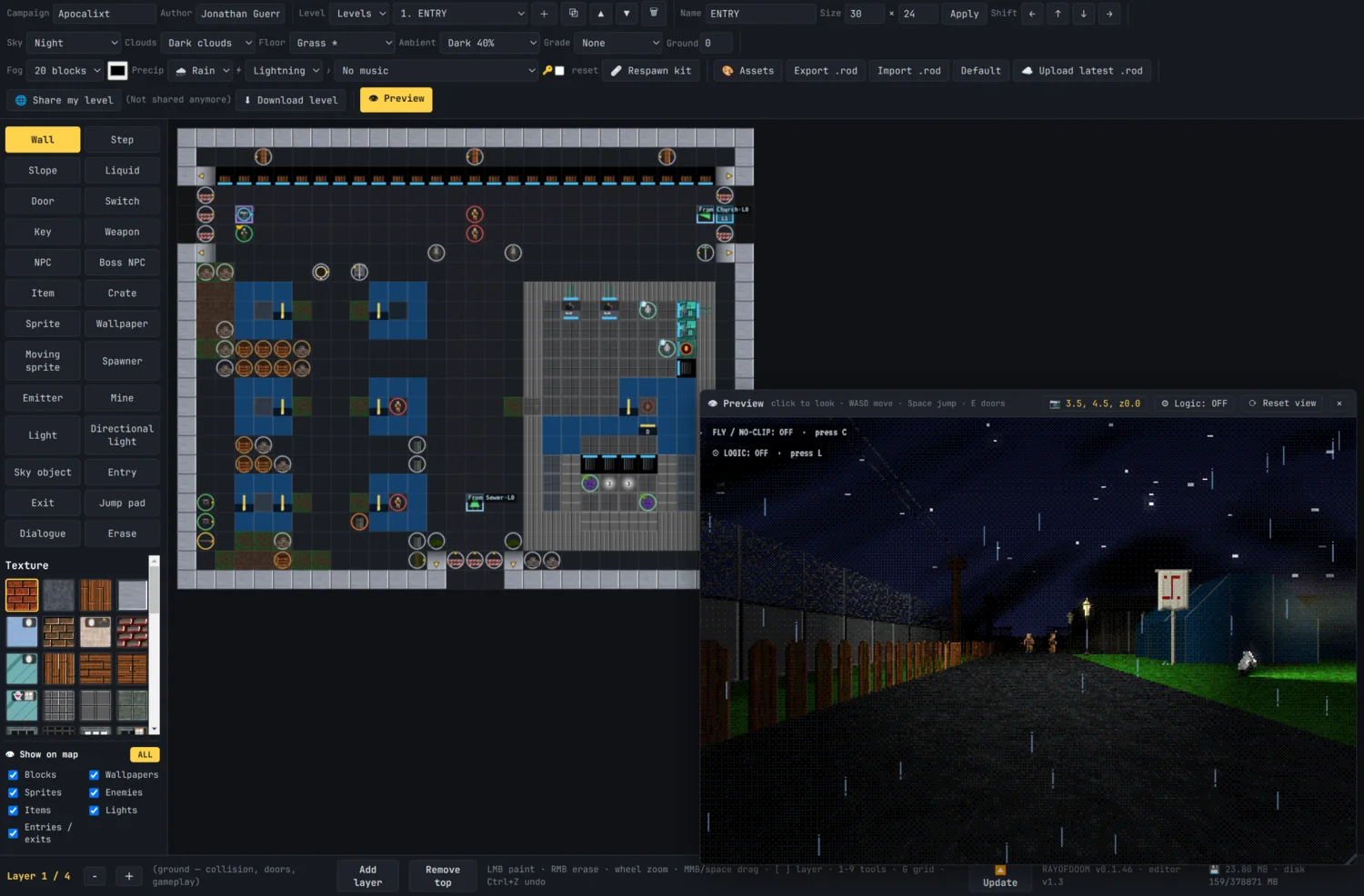 The RAYOFDOOM editor: paint the map on the left, watch it in 3D live on the right