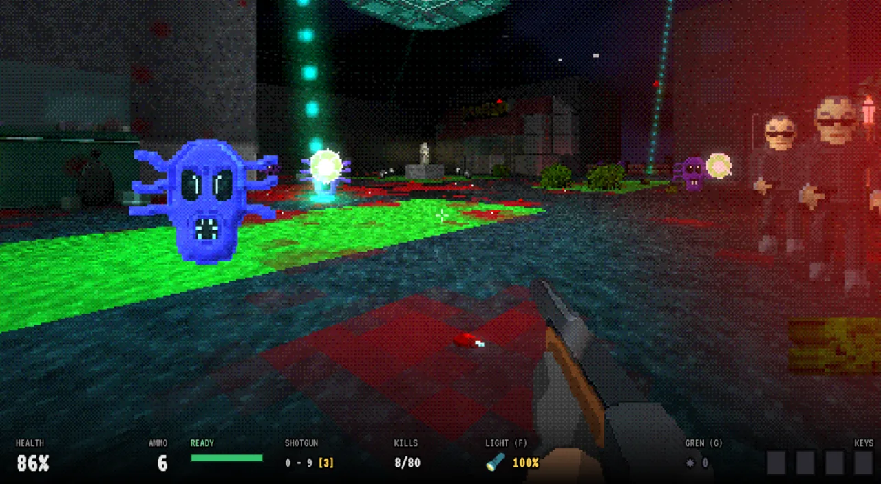 A blue floating horror over glowing green and red hazards
