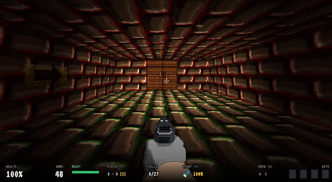 A vaulted, blood-lit brick corridor