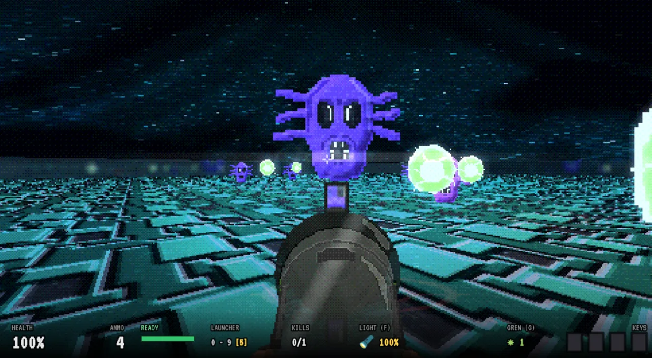 RAYOFDOOM 3D — a giant boss looms over a glowing neon arena